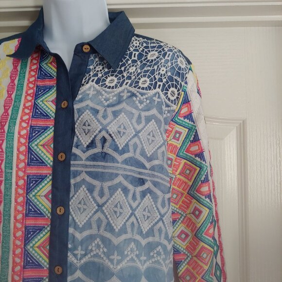 John Mark  Embroidered Patch Lacey Colorful Button L-Sleeve Shirt S - Picture 4 of 15